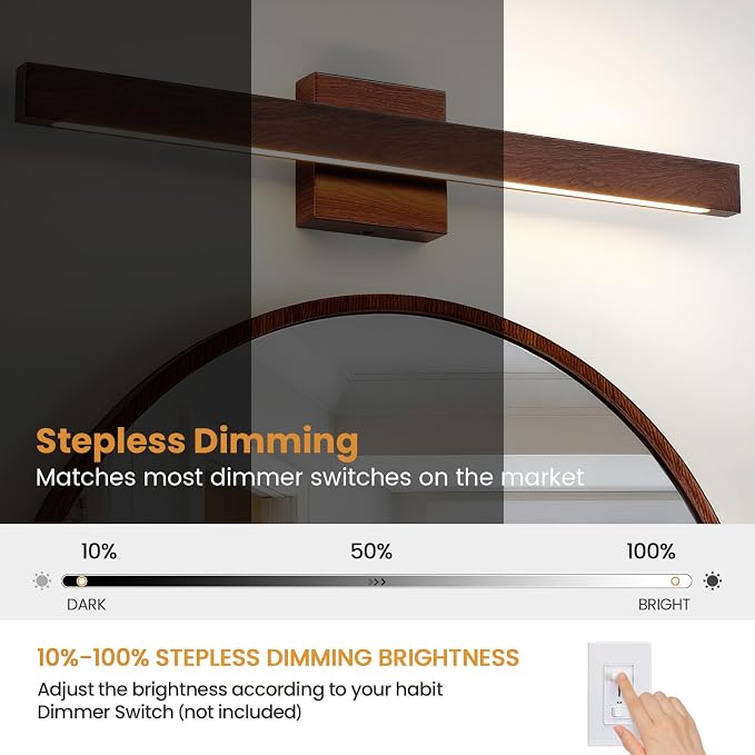 Modern Bathroom Light Fixtures Over Mirror, 24 Inch Brown Wood Finish Vanity Light Bar 20W Dimmable 5CCT LED Vanity Lights for Bathroom Wall Lighting Fixtures Over Mirror