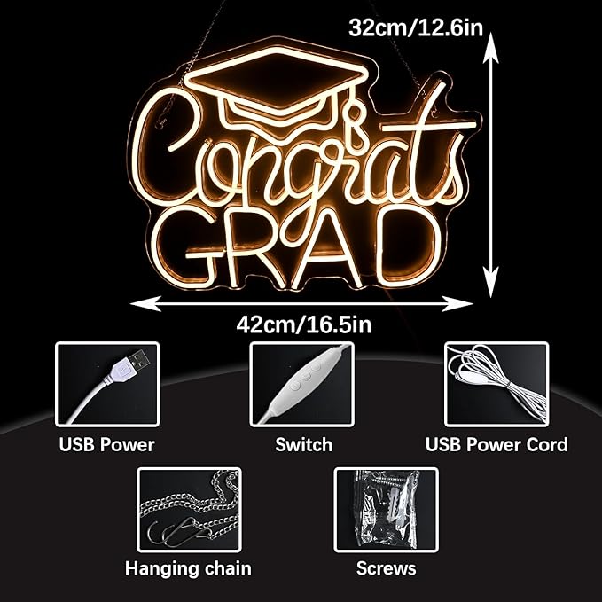 Congrats Grad LED Neon Sign, Graduation Party Decor, 16.5×12.6 Inch Warm White Grad Light Up Letters, Adjustable Congrats Graduation Sign, Dorm Room Backdrop, Celebration Gift for Class