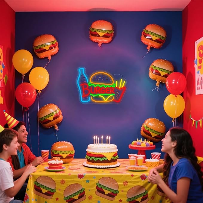 Burger & Fries Neon Sign - Retro Dimmable Fast Food LED Light, Restaurant & Dining Room Wall Decor, Snack Bar Sign, Hamburgers Party Decorations