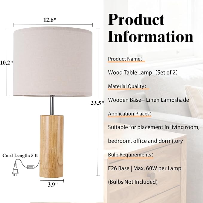 lapupu 23.5" Wood Table Lamps Set of 2 for Living Room, Vintage Farmhouse Bedside Lamps for Bedroom, Large Round Desk Lamps for End Table Nightstand, Natural Wood