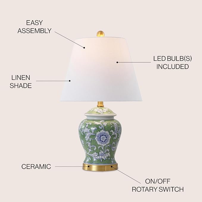 JONATHAN Y Penelope Ginger Jar 22" LED Table Lamp, Green/White | Chinoiserie, Ceramic Metal Construction, French Country Traditional, Linen Empire Shade, Brass Gold, LED Bulb Included