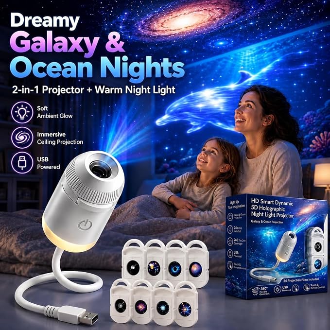 2027 Upgraded Hd Smart 5d Holographic Night Light Projector, Plug and Play Hd Star Projector, 360° Adjustable Hd Galaxy and Ocean Projector for Bedroom Ceiling (6 Projection Films)