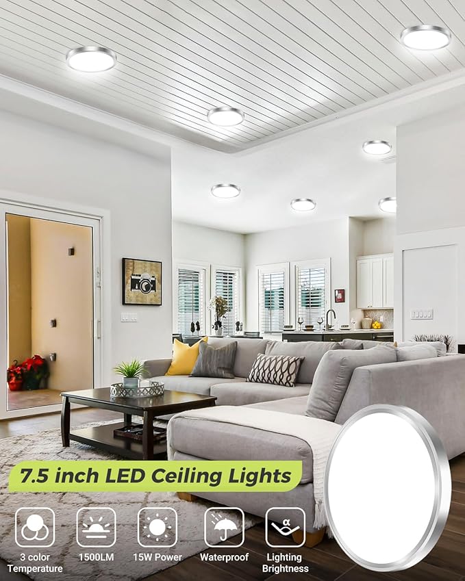 hepside 2PACK LED Flush Mount Ceiling Light, 3CCT Selectable 3000K-4000K-6500K & 100W Equivalent Modern Kitchen Recessed Ceiling Lamp 15W 1500Lm 7.5 Inch for Bathroom Closet Laundry Bedroom