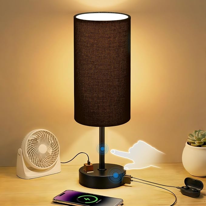 Table Lamp for Nightstand, High-Sensitivity Touch, 3-Level Dimmable Bedside Lamp with AC Outlet | USB | and USB-C, Ideal Night Stand Lamp for Bedroom (1, Black)