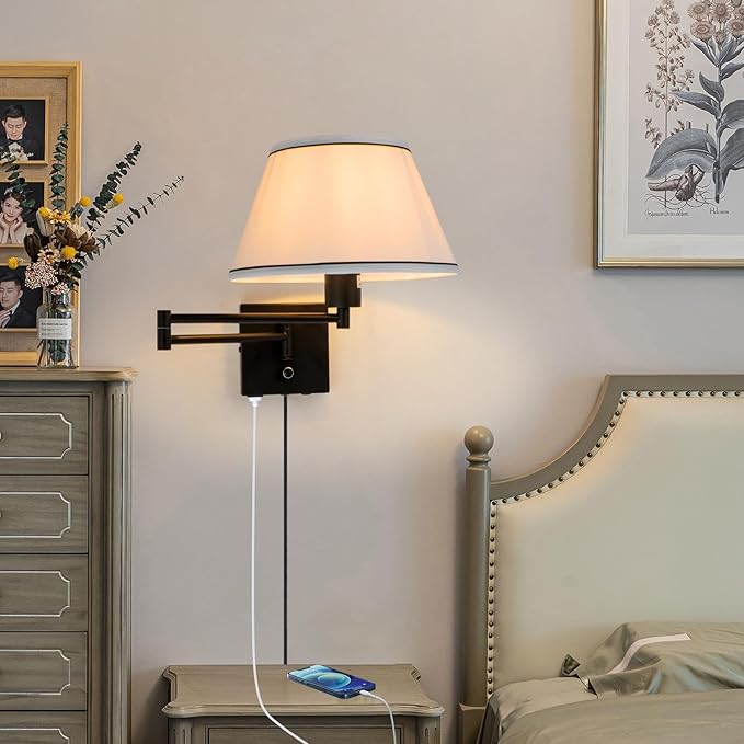 Swing Arm Wall Lamp,17”Wall Sconce Plug in with Type-C and USB Port,Dimmable Switch,Bedroom Wall Light Fixtures,Bedside Reading Lamp,White Shade Black Finish.
