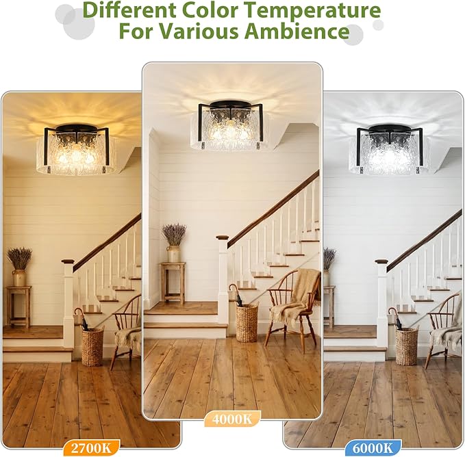 16" Semi-Flush Mount Ceiling Light, 4-Light Hammered Glass Drum Fixture | OYKYOHEI Indoor Lighting for Bedroom Hallway Entryway Kitchen Foyer Living Room Laundry Decor, Black Modern Dimmable E26