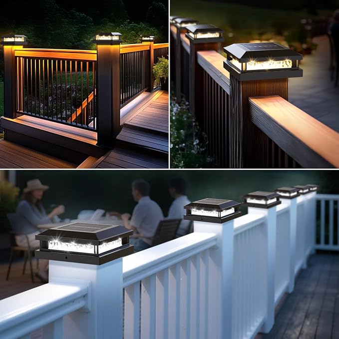 Bosceos 8-Pack Solar Post Lights, 2-Colors Mode 16LEDs Outdoor Decorative Post Cap Lights, Waterproof Solar-Powered Fence Posts Light, Fit 4x4, 5x5 Vinyl/Wooden Posts in Garden Yard Porch Deck, Black