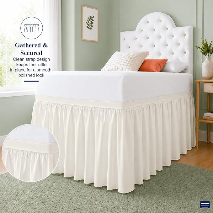 Cottingon Dorm Room Bed Skirt, 100% Microfiber, Ivory, Twin XL-32 Drop