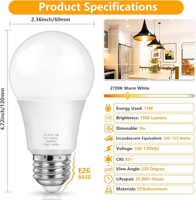 MAXvolador A19 LED Light Bulbs, 100 Watt Equivalent, Warm White 2700K, 1500 Lumens, E26 Base, Non-Dimmable, 13W Bright LED Bulbs, 4-Pack