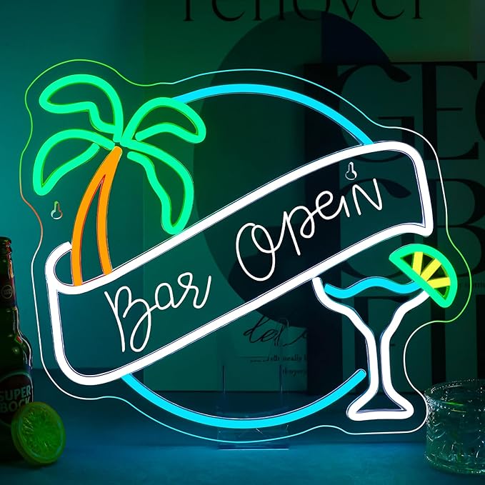 WX&YH Bar Open Neon Sign Cocktail Coconut Tree Led Light Open Signs for Business Bar Decorations for Home Pub Party Club Beer Bar Lights Man Cave Coffee Stores Restaurant Palm Decor Gifts