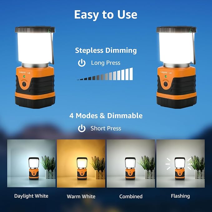 Lepro 1000LM LED Camping Lantern Rechargeable, 4400mAh Orange Tent Light with 4 Light Modes, Waterproof Lantern Flashlight for Hurricane Emergency, Camping Essentials, USB Cable Included