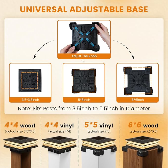 APONUO Solar Post Cap Lights Outdoor, 3 CCT & 2 Brightness Deck Post Lights Solar Powered for 4x4 5x5 6x6 Vinyl Wooden Posts, Waterproof Dusk to Dawn Fence Deck Lights for Patio Garden, Black, 6-Pack