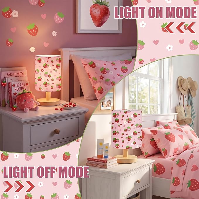 Strawberry Kids Table Lamp for Bedroom Kids Bedside Lamp with Linen Wooden Nightstand Cartoon Nursery Lampshade for Girls Boys Living Room