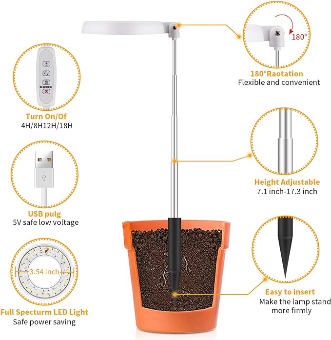 GooingTop LED Grow Light, Halo Plant Lamp for Indoor Plants Growing, White Low Light for Succulents Mini Small Plants Growth,Upgrade Timer 4/8/12/18 Hrs & Variable Spectrum,1 Pack