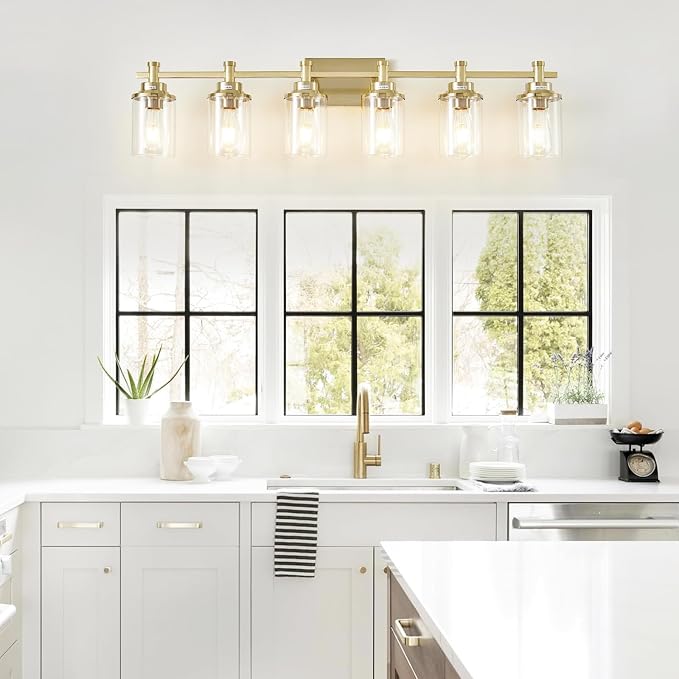Brushed Brass 6-Light Vanity Light Fixtures with Clear Glass Shades Over Mirror for Bathroom, Living Room, Hallway