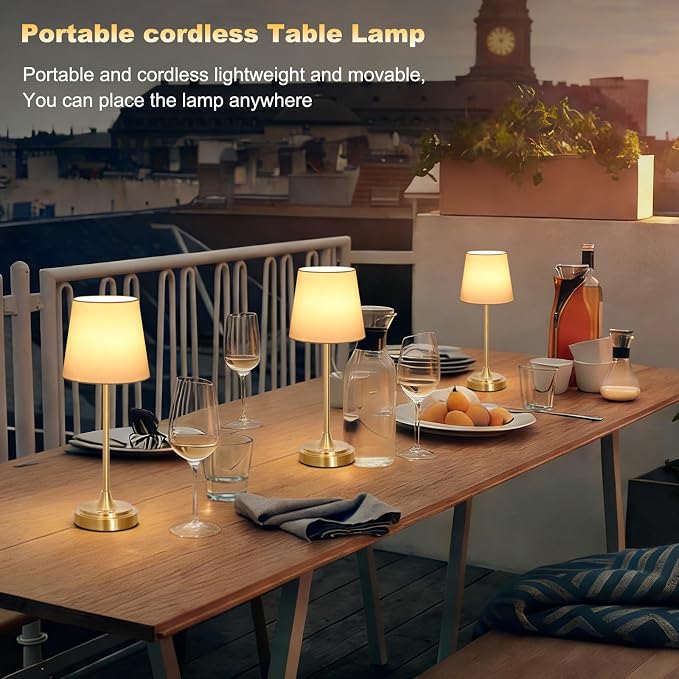 Wowag Cordless Table Lamp Rechargeable,5000mAh Battery Operated Desk Lamp,3 Colors & 7 RGB Stepless Dimmable,Touch Control Ambient Light for Bedside,Bedroom,Dining Room,Living Room,Gold,WhiteShade