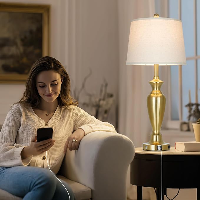 Gold Table Lamp for Living Room Single, 30″ Tall Touch Control Bedside Lamp for Nightstand, 3-Way Dimmable Bedroom Lamp with USB A+C Ports and AC Outlet (1 Pack)
