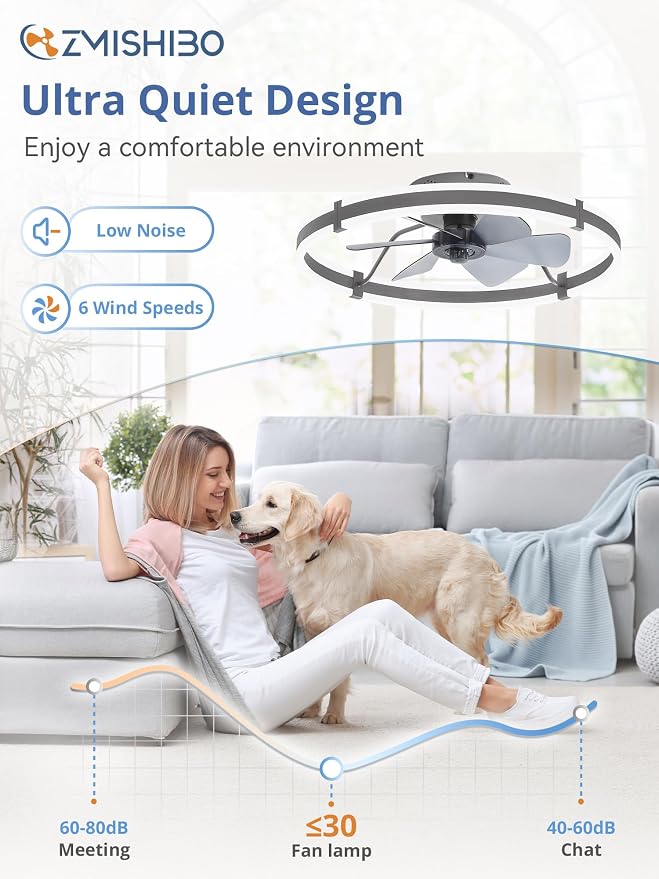ZMISHIBO Low Profile 24'' Ceiling Fans with Lights and Remote, Gray | 3000-6000K Dimmable LED Fandelier, Quiet DC Motor, Reversible Airflow, 6 Wind Speeds, Timer, Bedroom, Living Room, Kitchen
