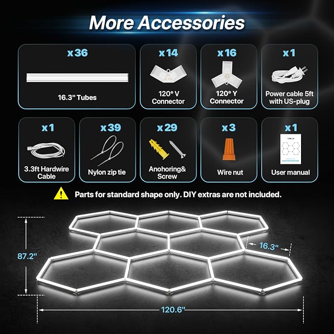 HYPERLITE Gen II Hexagon Garage Lights: 245W 24500LM 8 Grids Hexagon Led Light, 6500K Ultra Bright Honeycomb Hex Lights, Durable Design for Garage, Shop, Basement, Barber, Homegym