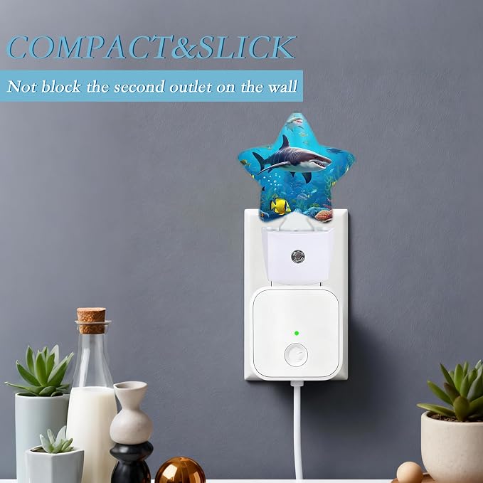 Shark Night Light,Undersea Fishes Plug-in Dusk to Dawn Smart Sensor Nightlight for Bathroom Bedroom Hallway Kitchen Stairs Energy Efficient Decor Desk Lamp