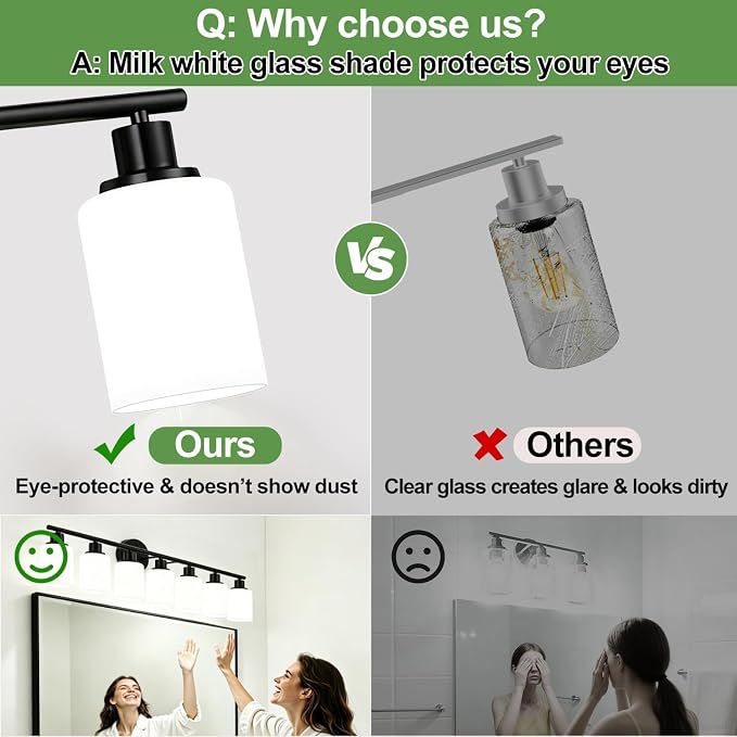 Zarbitta 8-Light Bathroom Light Fixtures, Black Modern Vanity Lights with Milky White Frosted Glass Shades, Bathroom Wall Lamp for Mirror, Living Room, Hallway, Kitchen, Cabinet, Porch