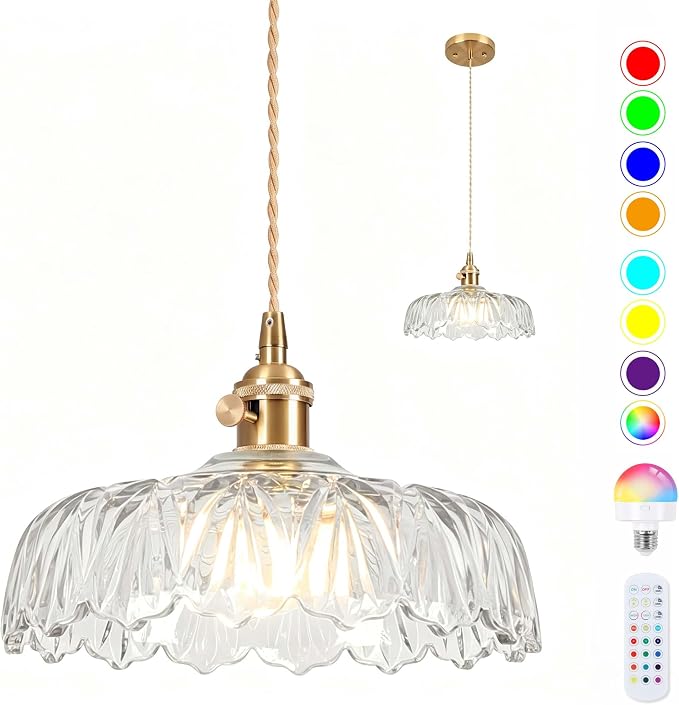 Battery Operated Pendant Light,Vintage Light Fixtures RGB Light Bulb 2500mAh 9.4in Transparent Modern Chandelier with Remote Control Wireless Adjustable Rechargeable Chandelier for Kitchen Island 1PCS