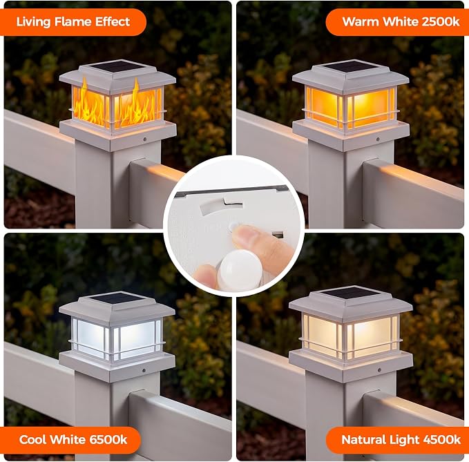 JOFIOS Flickering Flame Solar Post Cap Lights Outdoor, White Post Lights with 3 Color Temperature, Fits 3.5" 4" 4.5" 5" Wood/Vinyl Posts, IP64 Waterproof Fence Deck Lights for Garden Patio Yard 12Pack