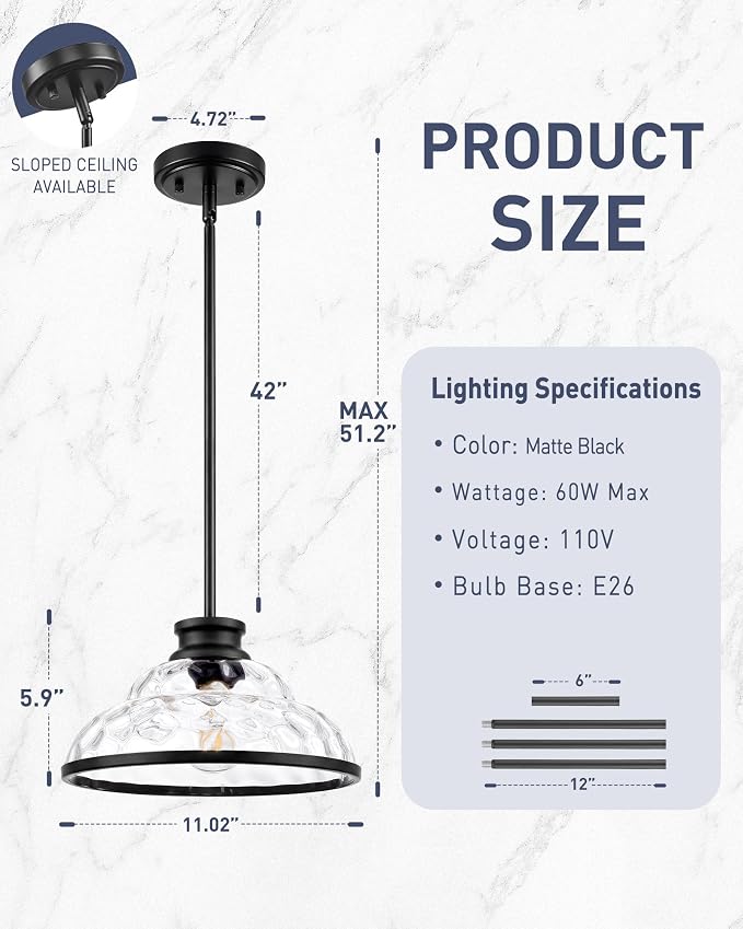 kudos 11 Inch Black Pendant Lights with Clear Hammered Glass, KDPL14-BK-H | E26 Bulb Base, Hardwired, Farmhouse Styling, Adjustable Hanging Rods for Flat or Sloped Ceilings, for Kitchen Bars