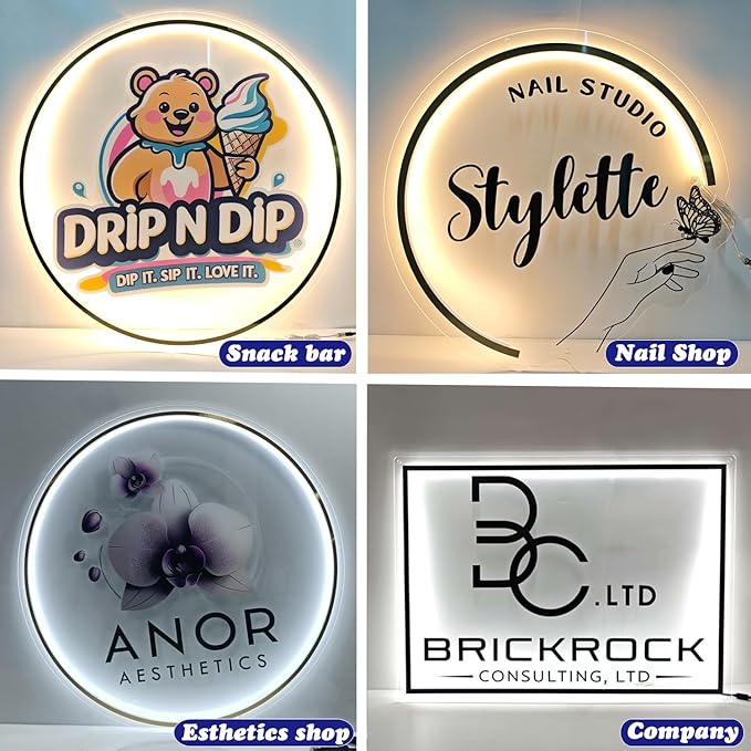 Custom Backlit Logo Sign for Business, Plug/Battery Powered Metal LED Signs | for Bars, Salons, Offices, Company & Storefront Wall Decor, 10-60in, 11 Lighting, Dimmable/RGB Color Change, Upload Picture