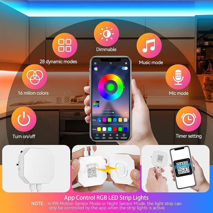 Under Bed Lights Motion Sensor RGB LED Strip Night Lighting, 2-Pack 9.8Ft | Motion Activated, RGB Color Changing LED Strips, Remote, App Control, Music Sync, USB Powered for Indoor Cabinet Stair Closet