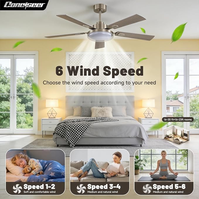 52 Inch Ceiling Fans with Lights and Remote, Bedroom Living Room Kitchen Office, 5CCT Dimmable,Dual Color 5 Blades, 6 Speed Reversible Quiet DC Motor, Double-Layer Lampshade, Sand-nickel/Wood Grain