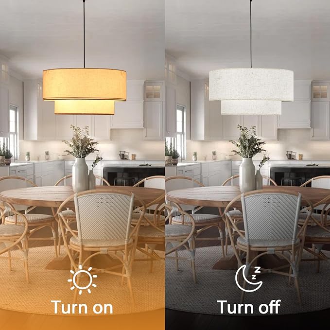 Drum Pendant Light, 18” Drum Light Fixture with Linen Shade | 3-Light Linen Chandeliers for Dining Room, Bedroom, Dual Layer Fabric Shade, Adjustable Height