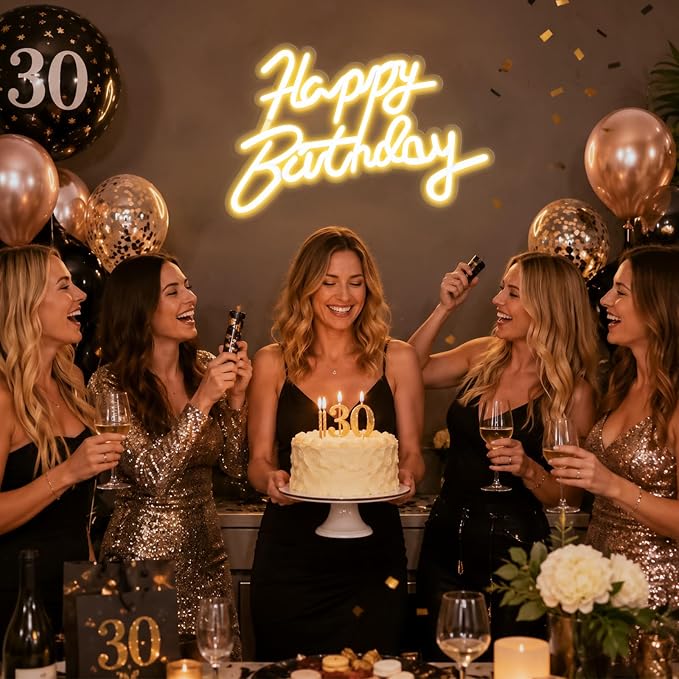 FARNY Happy Birthday Neon Sign for Wall Decor, LED Happy Birthday Light Up Sign, Dimmable LED Birthday Neon Light for Birthday Party Decorations Backdrop,Warm White 16.5"x 12"