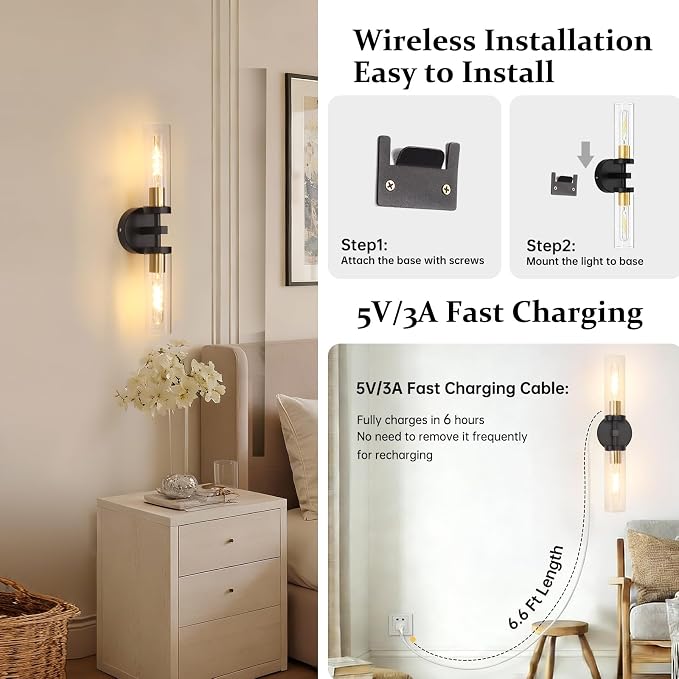 Shenmoyl Battery Operated Wall Sconces Set of Two,21" Black & Gold Rechargeable Wall Lighting Fixtures, Dimmable Wall Lights with Remote & Clear Glass Shade for Living Room,Bathroom,Bedroom