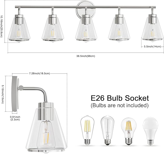 Bathroom Vanity Light 5 Lights Modern Vanity Lighting Fixture for Bathroom 38.5" Large Vanity Lights with Clear Glass Shade Polished Nickel Bath-Room Lighting Fixtures Over Mirror Wall Sconces