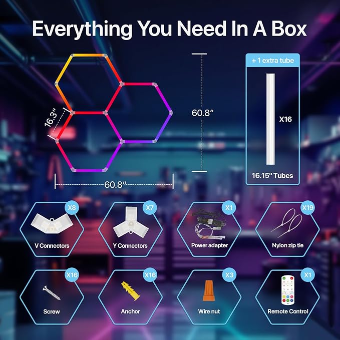 HYPERLITE Hexagon Garage Lights: Gen IV-3 Grid RGB Hexagon LED Lights with Music Sync Mode, App & Remote Control, Multi-Color Honeycomb Light for Gaming Room, Gym, Garage