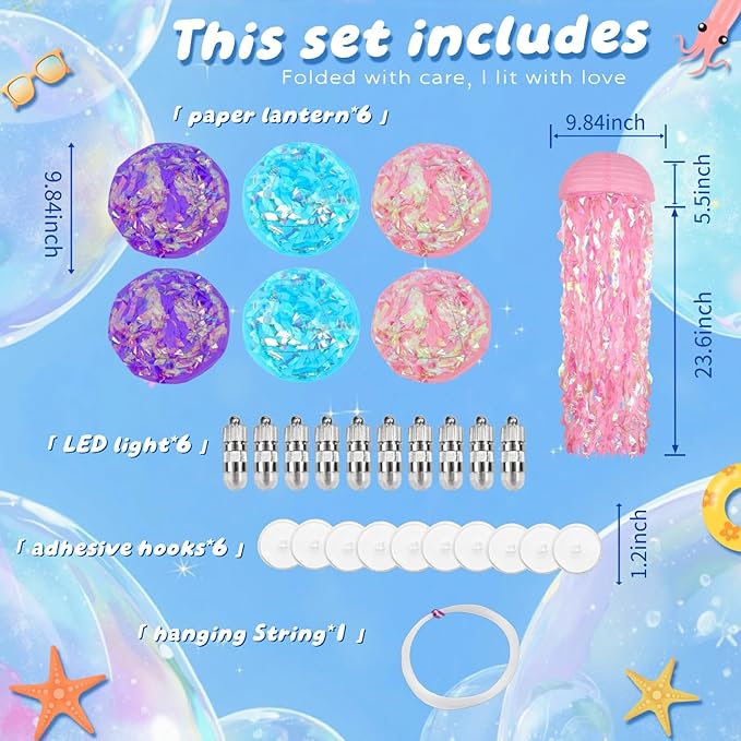 Jellyfish Paper Lanterns with LED Lights Set of 6, Purple/Pink/Blue Dome Hanging Floating Decorations for Under The Sea Party Mermaid Birthday Ocean Classroom Beach Room Aesthetic