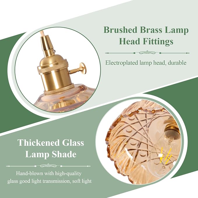 Plug in Pendant Light Fixtures,Amber Glass Lampshade Pendant Lighting 9.4in E26 Hanging Light FixtureCorded On/Off Switch for Kitchen Island, Bedroom, Dining Room