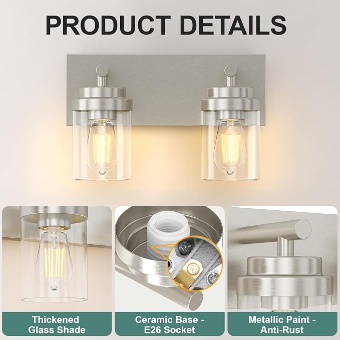 IZORRO Bathroom Vanity Light Fixture, 2-Light 15 Inch Brushed Nickel Bathroom Light Fixtures Over Mirror, with Clear Glass Shade, Modern Farmhouse Vanity Lights, Rustic Restroom Lighting Fixtures