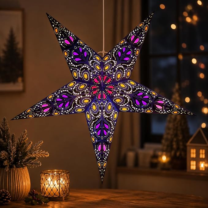 Lantern Lampshade Paper Star Light Shades Large 60cm Hanging Decorations for Christmas Wedding Home Decoration Birthday Party Foldable 5 Pointed Star (Blue, Black, Yellow)