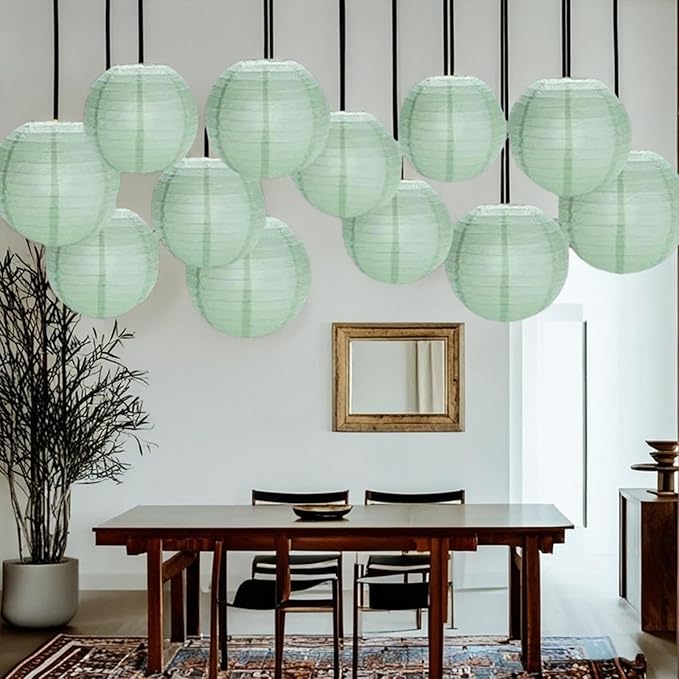 Dusty Sage Green Paper Lanterns Decorative Hanging Lanterns - Soft Matte Wedding Party Décor, Indoor Outdoor Boho Home Decoration (Size of 4”, 6”, 8”, 10”,12pc Set)