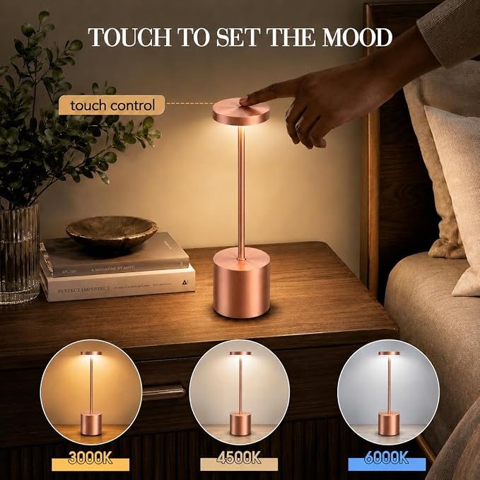 Rose Gold Cordless Table Lamps Set of 2, Battery Operated Rechargeable LED Lamps with Touch Control, 3 Color Temperatures, 5000mAh Dimmable Wireless Portable Lamp for Bedroom Nightstand Living Room