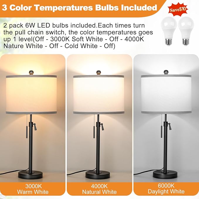 Table Lamps for Bedrooms Set of 2, 22" to 30" Height Adjustable Nightstand Lamps with Linen Shade, Pull Chain Switch Lamps for Living Room, 3 Way Dimmable Bedside Lamp