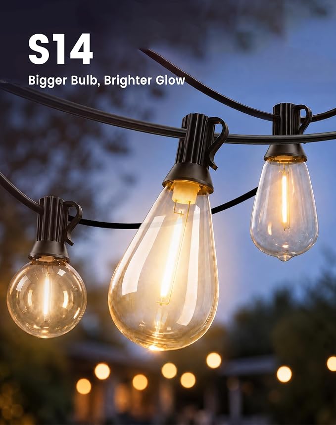 Outdoor String Lights 110FT(100+10) Waterproof, 50 LED S14 Shatterproof Edison Bulbs, 2FT Spacing, Extension Cord, Connectable Plug in Hanging Patio Lights for Outside, Backyard, Warm White