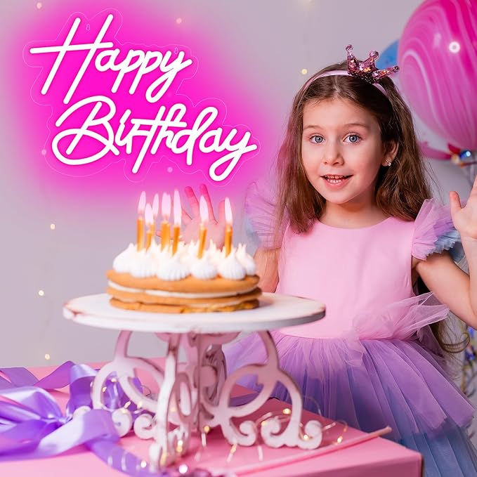 Happy Birthday Neon Sign for Wall Decor, USB Powered LED Neon Sign with Dimmable Brightness, Ideal for All Ages Birthday Parties and Celebrations, With 2 Pcs Birthday Cards (17×12 Inch)