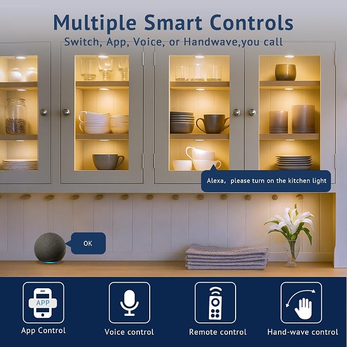 V4light LED Puck Lights, Smart Under Cabinet Lighting with Remote, 8 Pack | Dimmable 2700K-6500K, Alexa Voice Control, Plug-In Wired, Adhesive Mount, For Kitchen Counter Closet Shelf Display Case