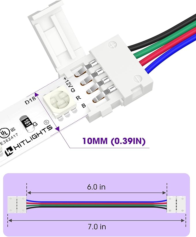 HitLights 12 Pack 10mm 4 Pin RGB LED Strip Connectors - 6 Inch Solderless Connectors for 5050 Color Changing LED Tape Light, Kitchens, Cabinets and More