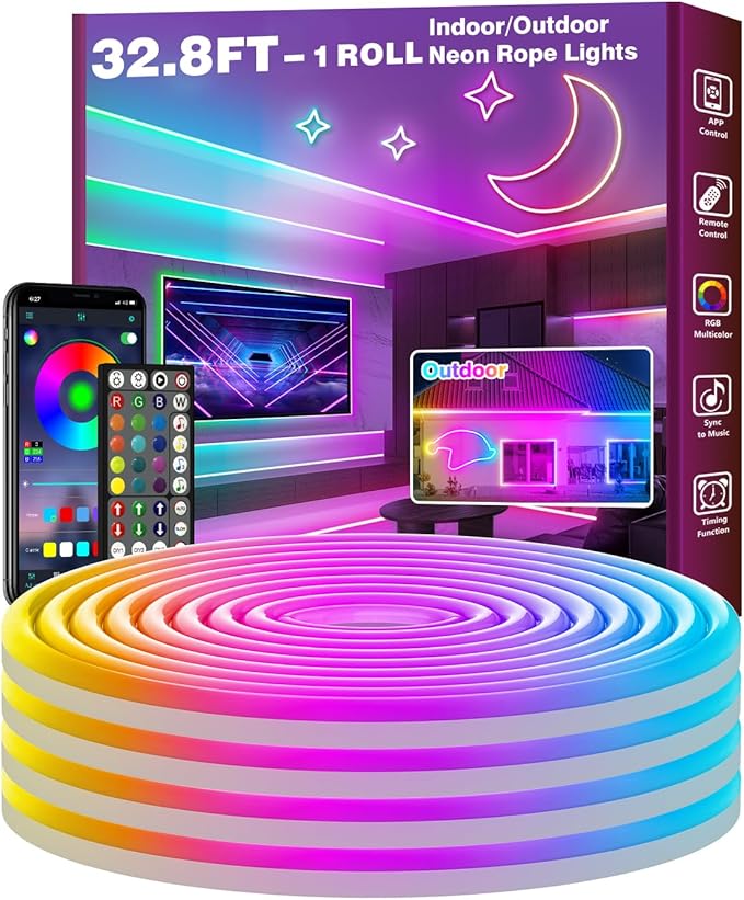 FBZ 32.8Ft Led Rope Lights, Flexible Neon Lights Control with App/Remote, Multiple Modes, IP65 Outdoor RGB Waterproof, Music Sync Gaming Light Strip for Bedroom Decor