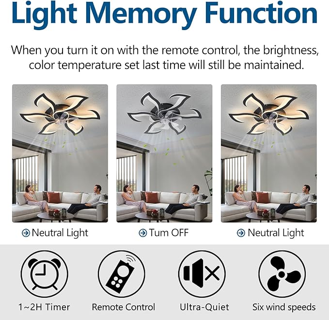 Modern Ceiling Fan with Lights and Remote Control, 32" Black Flush Mount Fan with 3 Light Colors, 6 Speeds, Low Profile for Kitchen and Bedroom