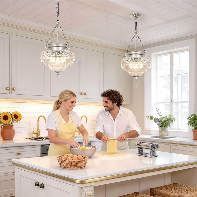 3-Light Brushed Nickel Pendant Light Fixtures with 12In Unique Thickened Glass, Vintage Pendant Lights Kitchen Island with Adjustable Chain, Hanging Light Fixtures for Entryway, E26*3